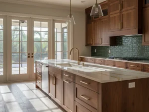 Warm-white quartz countertop with walnut cabinets and a moody green backsplash in a Florida kitchen