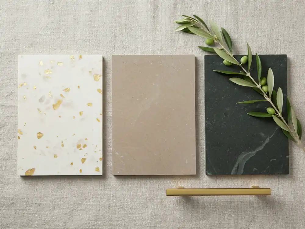 Flat lay of three countertop color swatches — warm white, earth tone, and moody green — with brass hardware