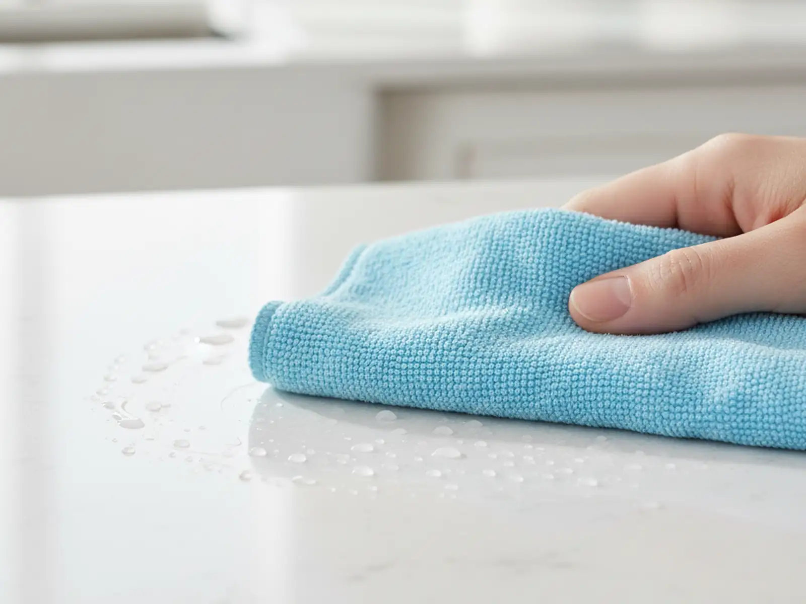 Macro close-up of a cloth wiping a polished white quartz countertop with beading water droplets