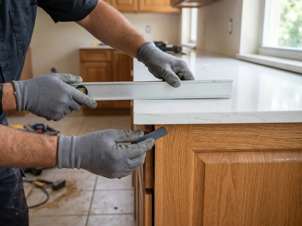 Installer leveling a newly installed quartz countertop on existing kitchen cabinets during a Florida countertop replacement