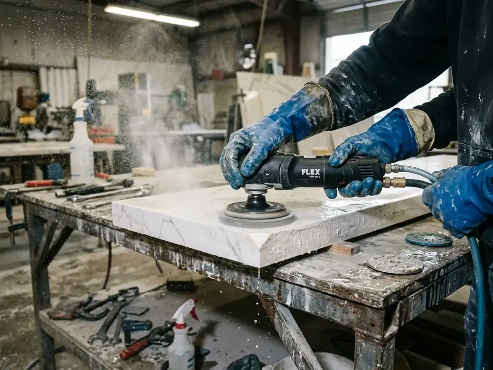 Fabricator polishing the mitered edge of a quartz countertop slab with a wet polisher in a workshop