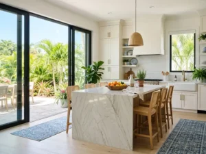Sunlit Florida kitchen with a quartzite waterfall island and sliding glass doors opening to a lanai