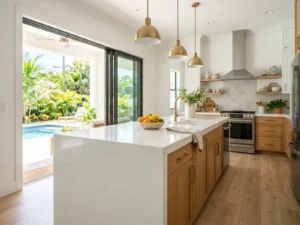 Modern Florida kitchen island with a thick mitered countertop edge in natural daylight