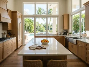 Bright Florida kitchen with a warm-white quartz island and granite counters showing how countertops add home value