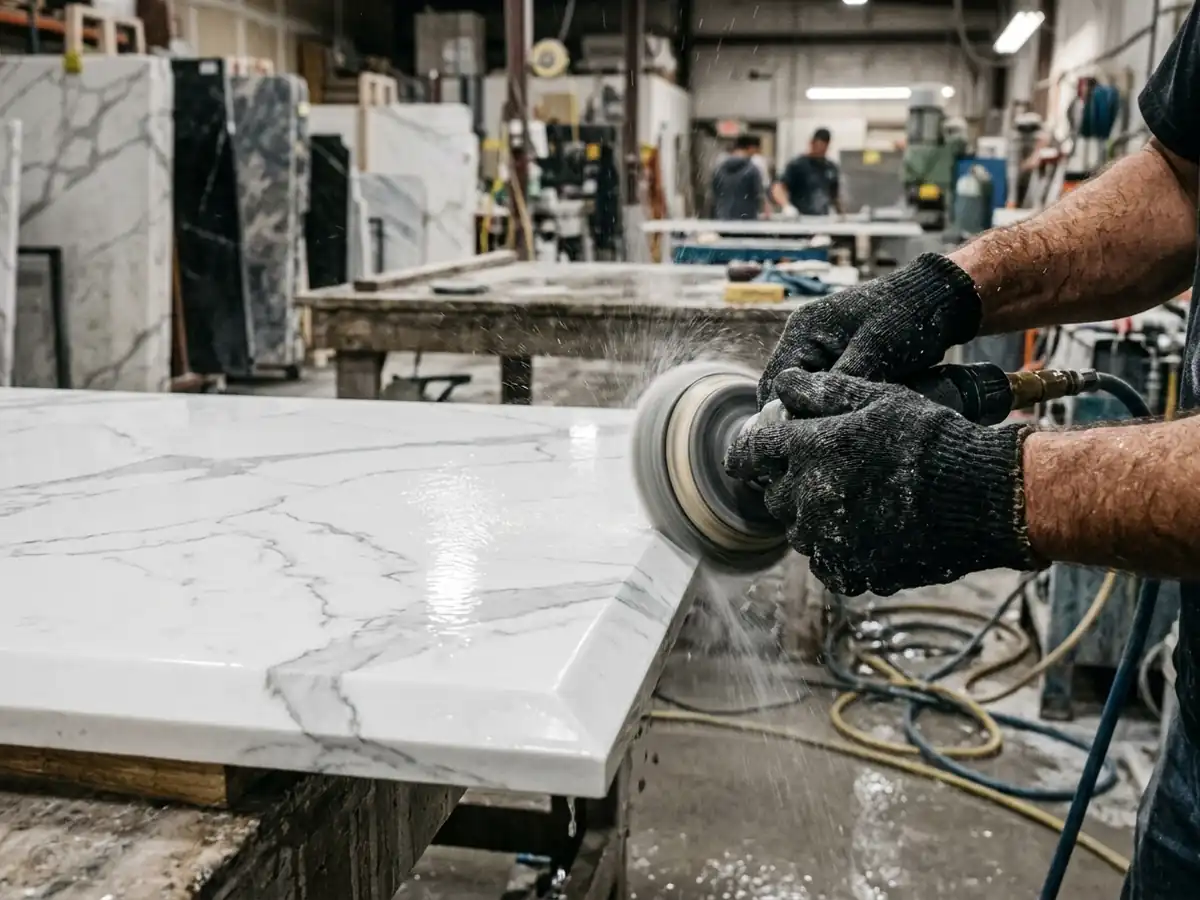 Fabricator polishing the mitered edge of a calacatta quartz slab in a stone workshop
