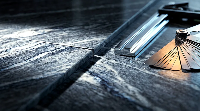 Macro view of a granite countertop seam under raking light with a straightedge and feeler gauges measuring lippage