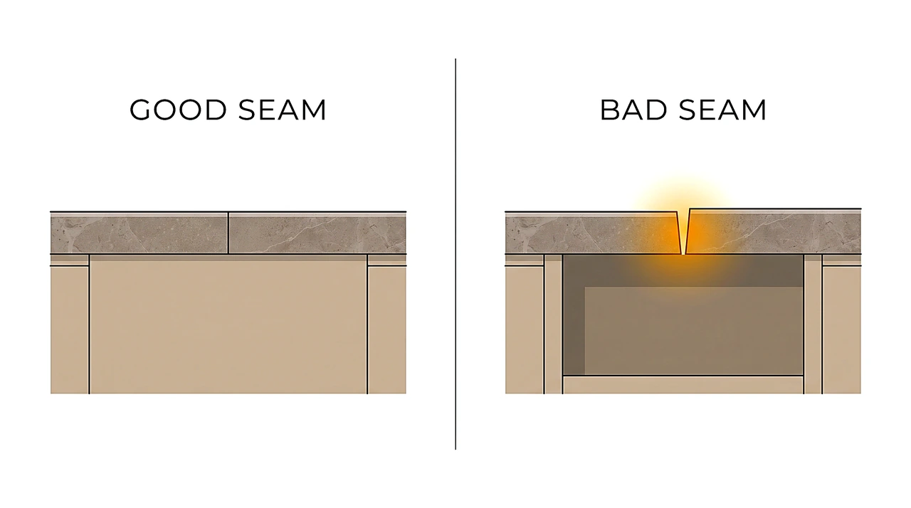 Diagram comparing a supported flush countertop seam against a wide lipped seam over an unsupported span
