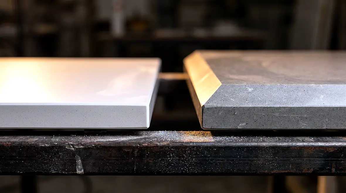 Thin 2cm eased builder-grade countertop edge next to a thick 3cm mitered edge on a workshop slab rack
