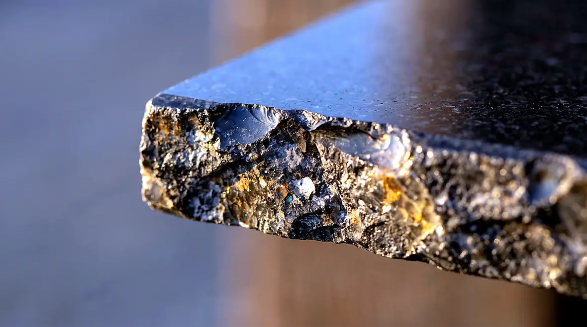 Macro view of a chipped granite countertop edge showing conchoidal fracture face and crystal structure under raking light