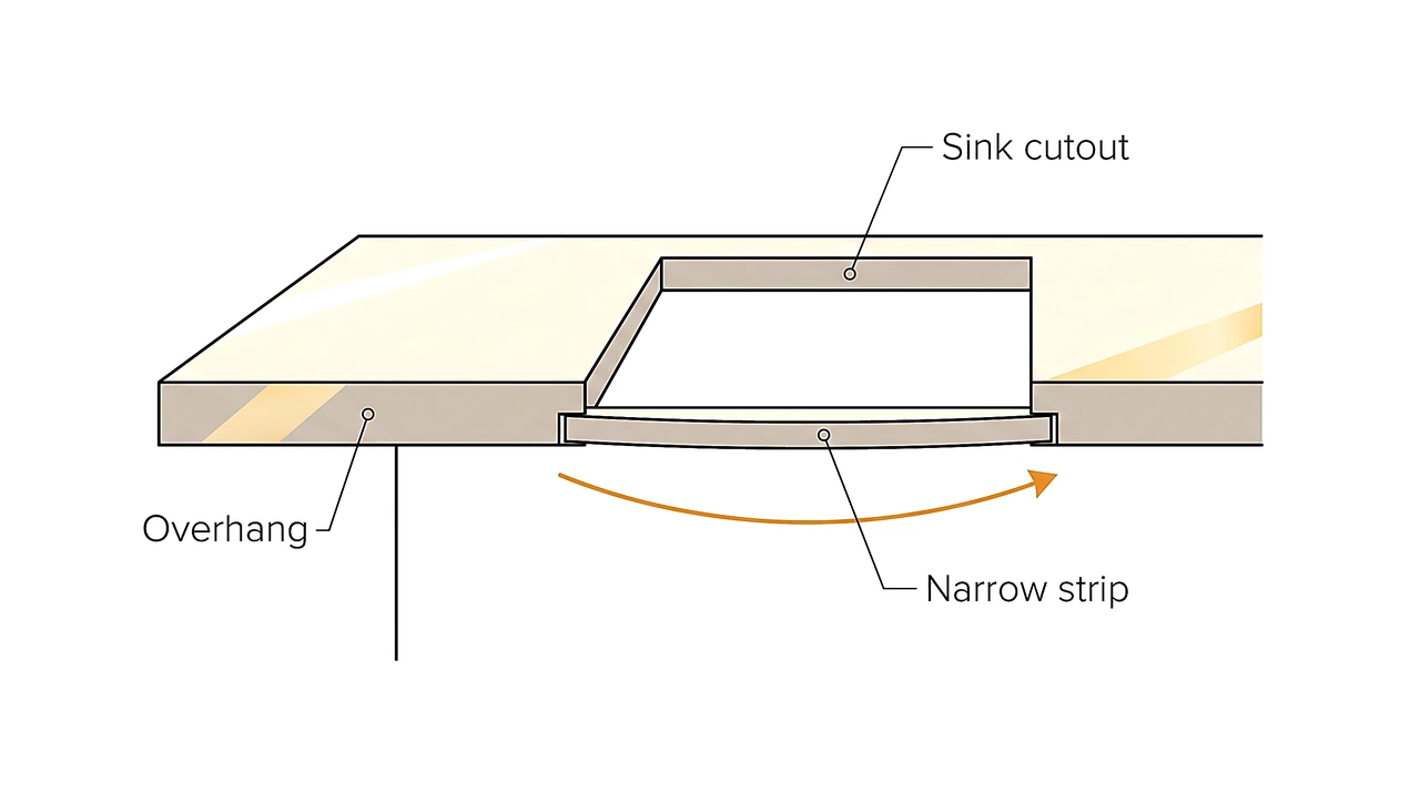 Cutaway cross-section diagram of a countertop slab showing the narrow strip in front of a sink cutout and an unsupported overhang