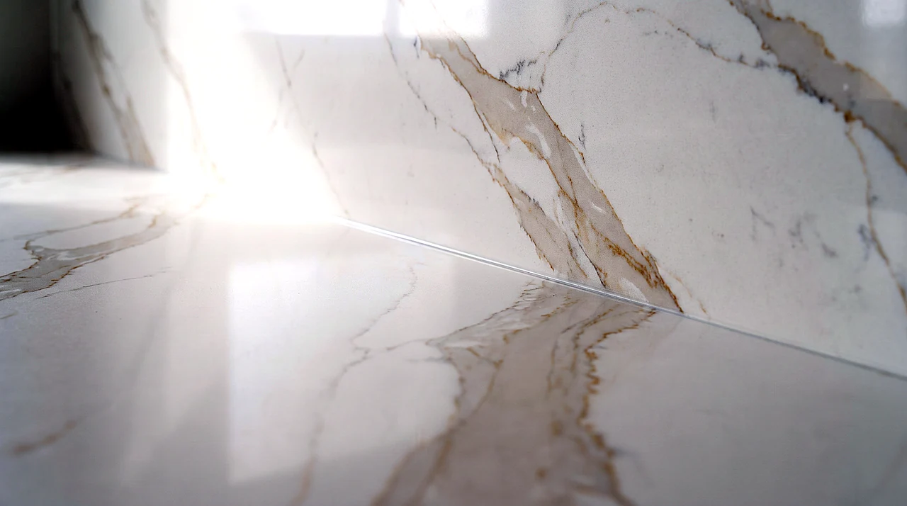 Continuous gold veining carrying from a quartz countertop up into a full-height slab backsplash at a tight silicone joint