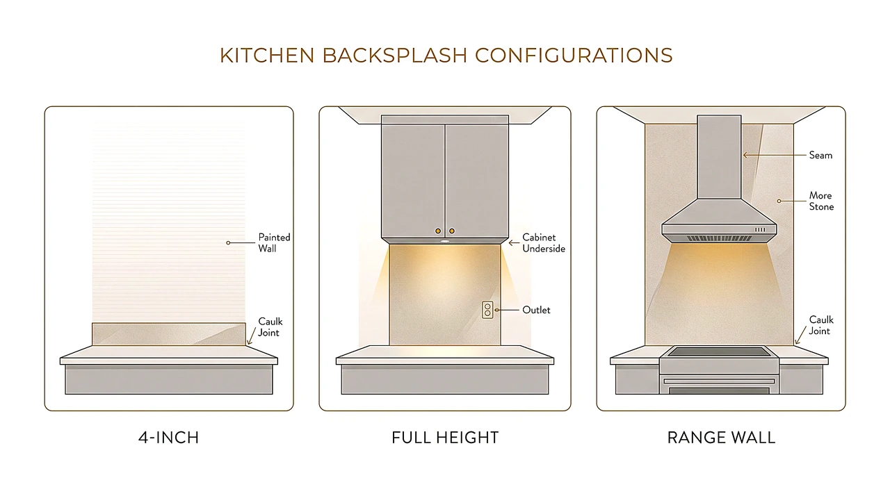 Flat diagram comparing 4-inch, full-height, and range-wall stone backsplash configurations with seam, joint, and outlet callouts