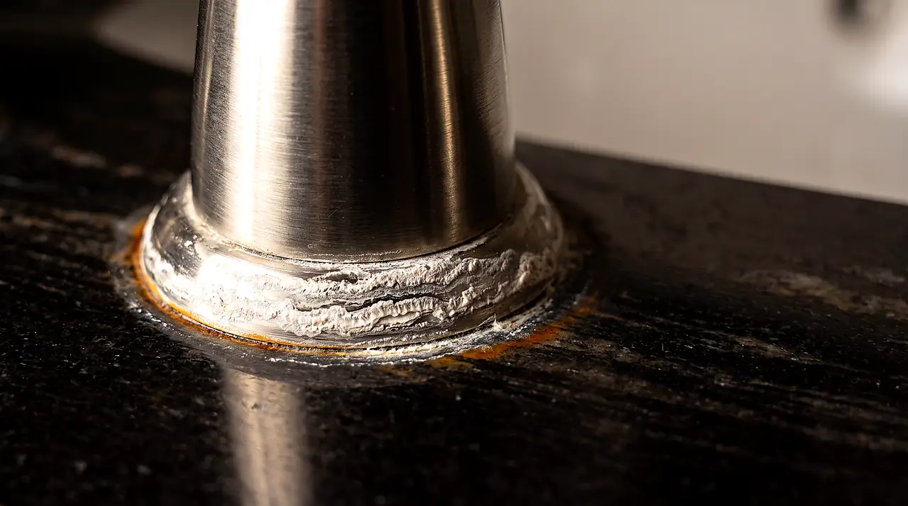 Macro view of white mineral scale ring and rust-orange staining around a faucet base on polished granite vanity