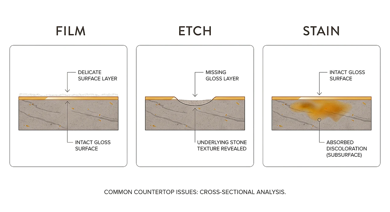 Diagram comparing cross-sections of mineral film on top of stone, an etched surface, and a stain below the surface
