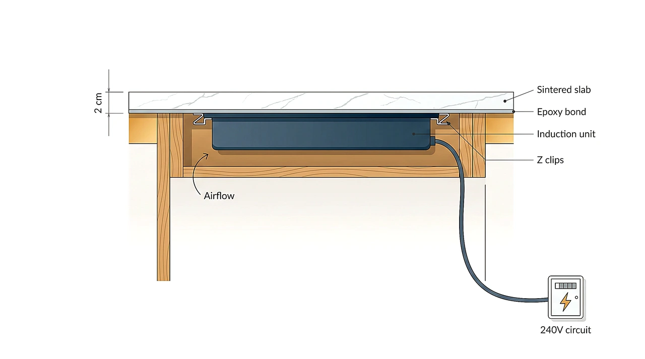 Cutaway diagram of an induction element bonded under a sintered stone countertop with clips, airflow and 240V circuit labeled
