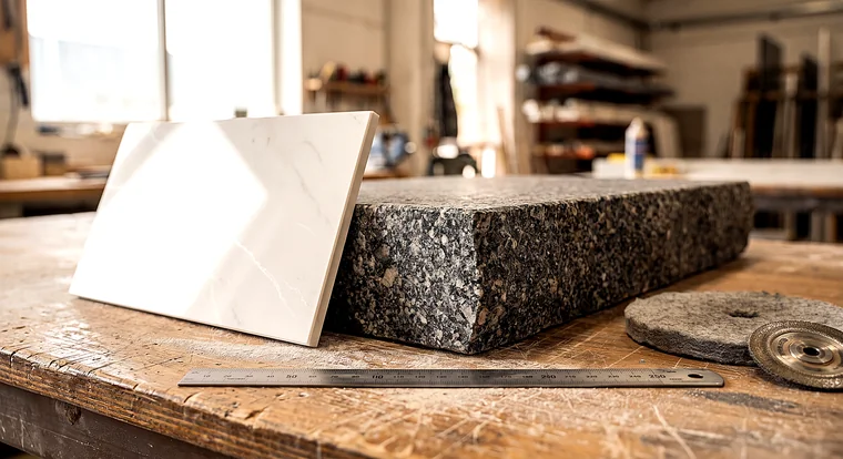 Thin 12mm sintered stone panel edge beside a thick 3cm granite slab edge on a fabrication bench
