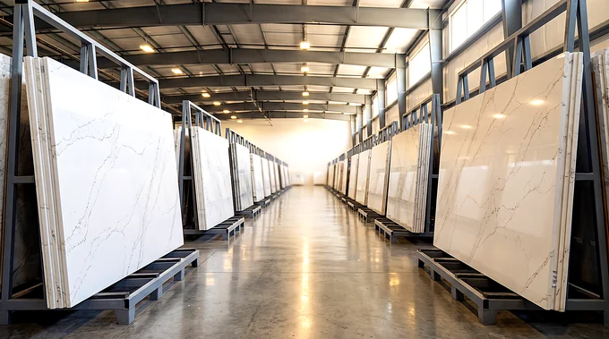 Engineered quartz slabs racked upright in A-frames down a stone warehouse aisle under warm industrial lighting