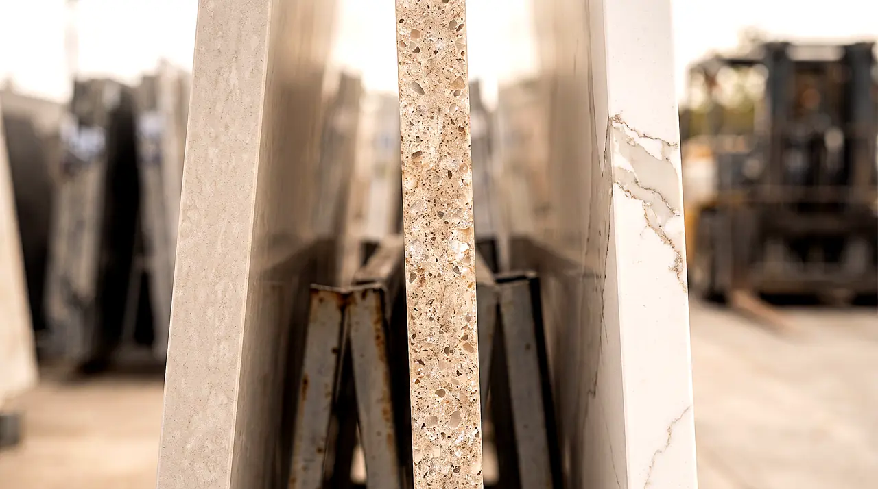 Three engineered stone slab edges side by side in a rack showing different body colors and particle structures