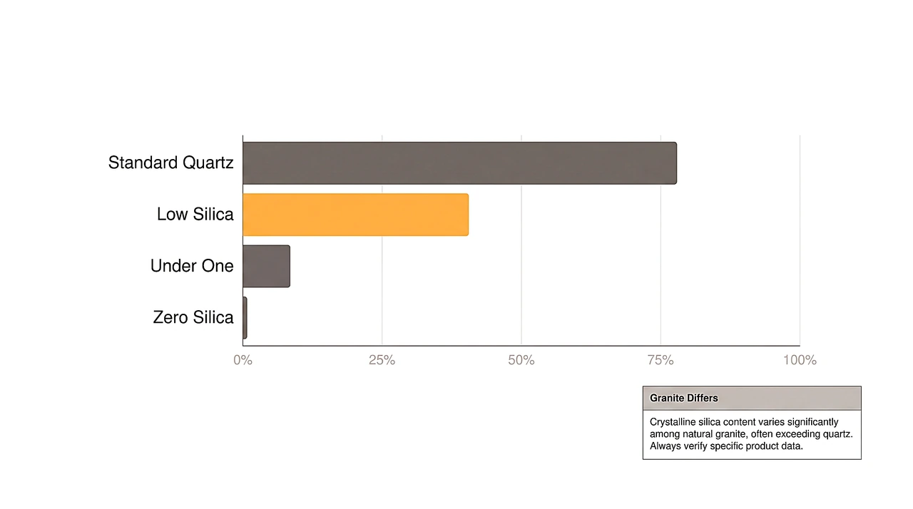 Bar chart comparing approximate crystalline silica content across standard quartz, low-silica, silica-free and zero-silica surfaces