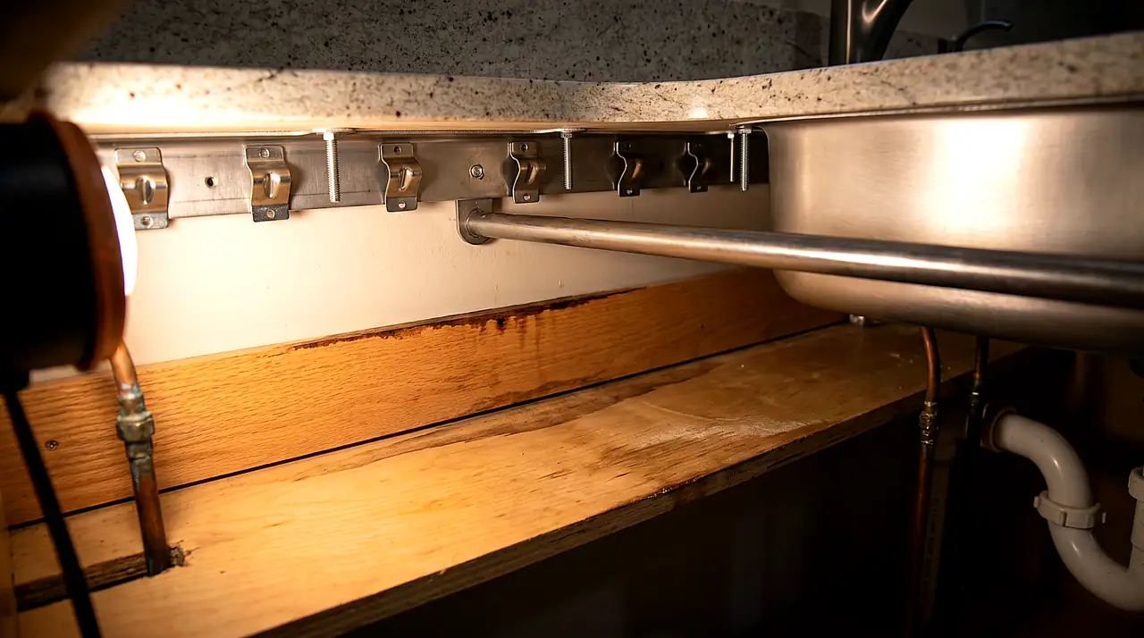 Underside of stainless undermount sink showing mounting clips, support rod and water-stained cabinet rail
