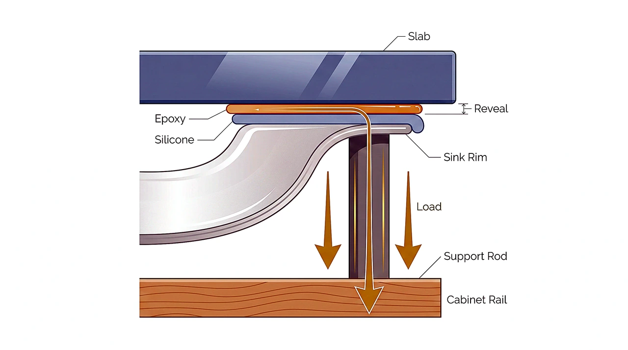 Cutaway diagram of undermount sink joint showing slab, epoxy, silicone, support rod and cabinet rail load path