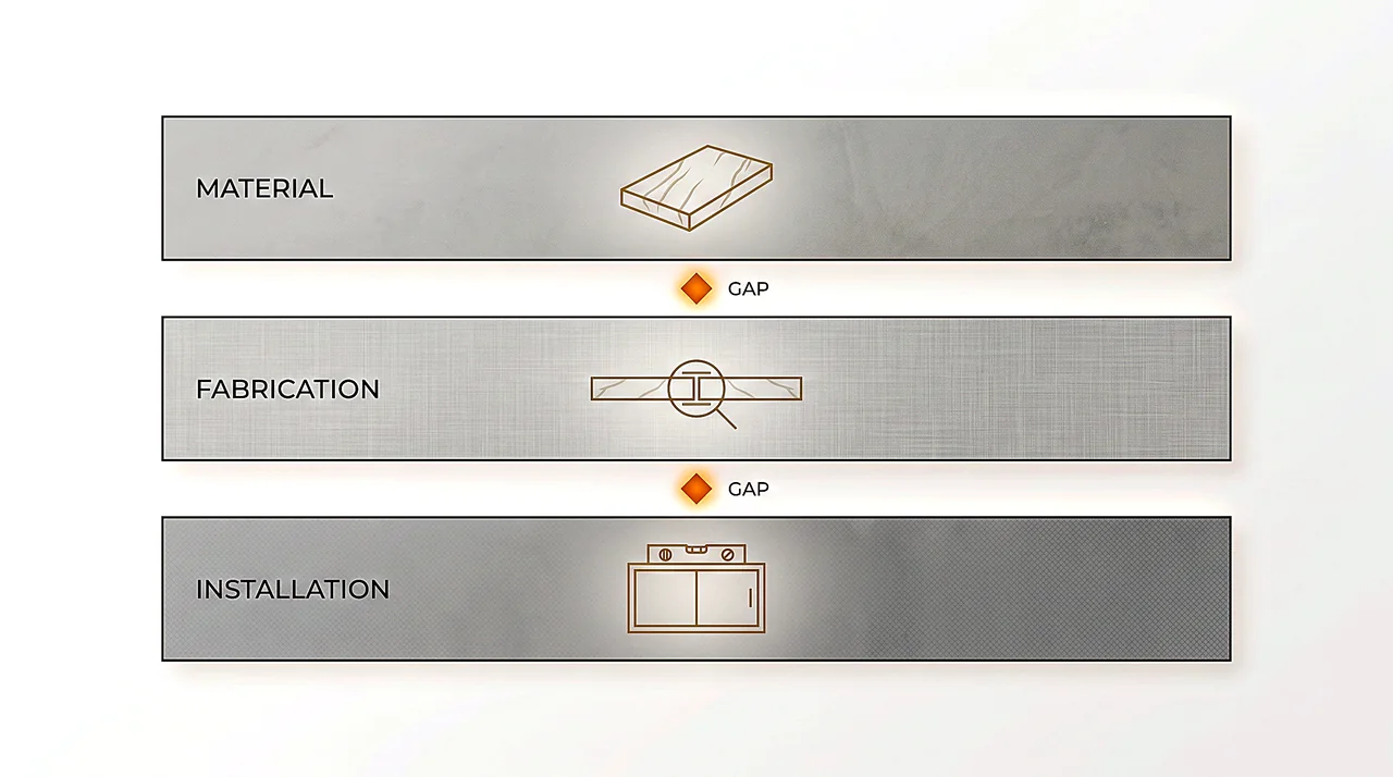 Diagram showing three separate countertop warranties for material, fabrication and installation with gaps between them