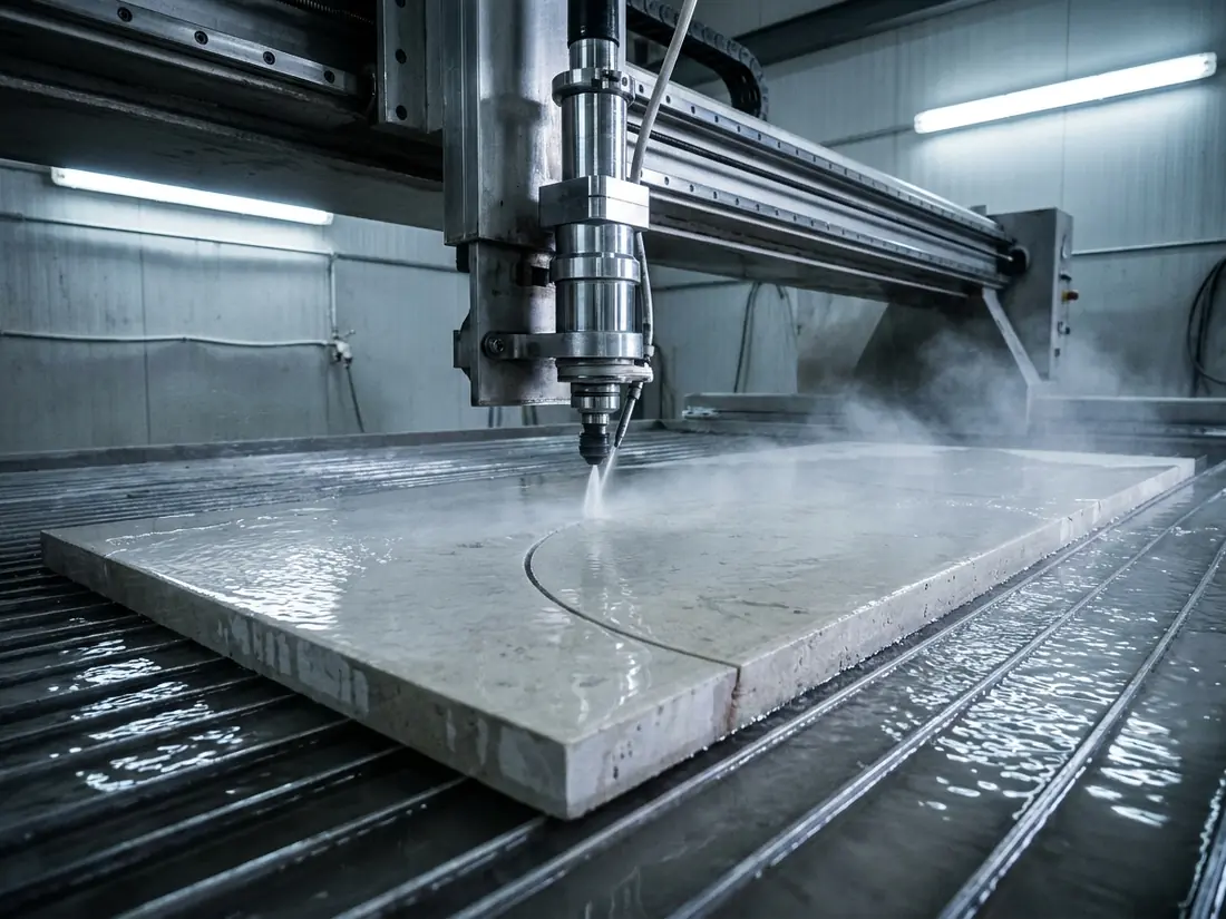 Waterjet cutting head following a curved path through a stone slab with abrasive spray