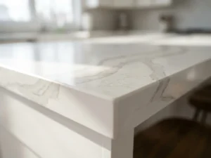 Marble-look quartz countertop surface meeting a plain white cut edge, the giveaway of a digitally printed slab