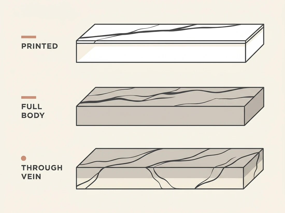 Cross-section diagram comparing printed, full-body printed and through-body veined quartz slabs