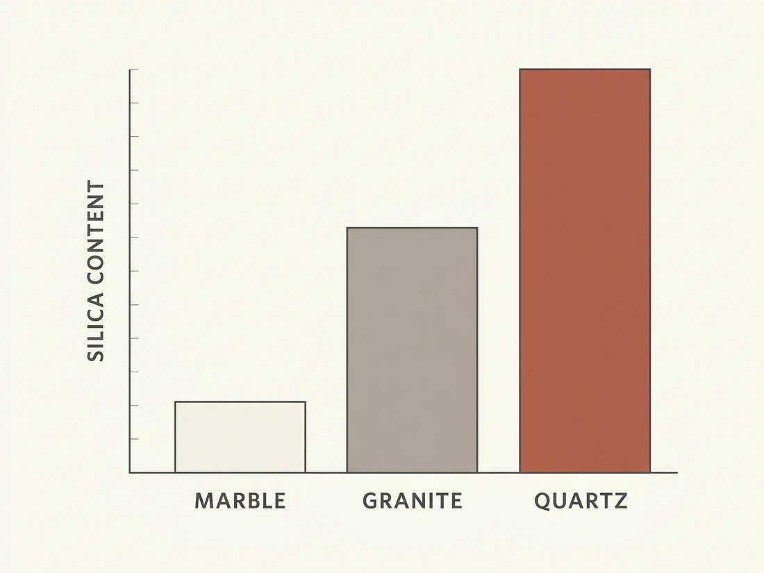Bar chart comparing crystalline silica content of marble, granite and engineered quartz