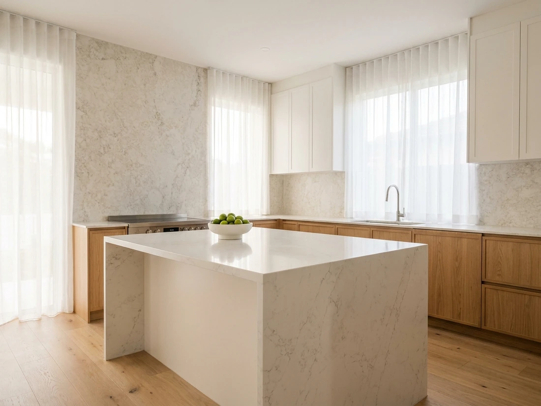 Clean empty Florida kitchen with a white quartz island and countertops in morning light