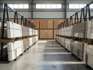 Bundles of engineered quartz slabs on steel A-frame racks in an import warehouse, the material hit by the 2026 quartz tariff