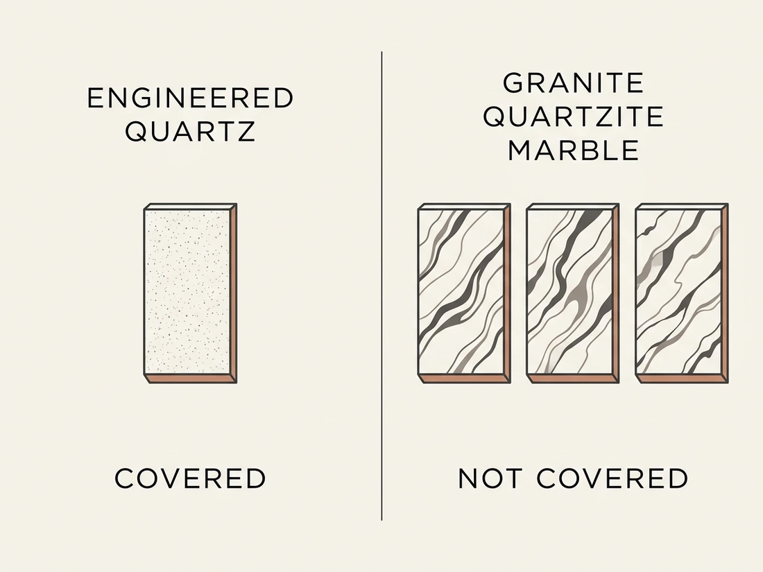 Comparison diagram showing engineered quartz covered by the tariff and granite, quartzite and marble excluded
